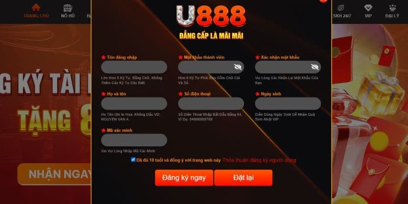 Biểu mẫu để người chơi khởi tạo tài khoản tại U888